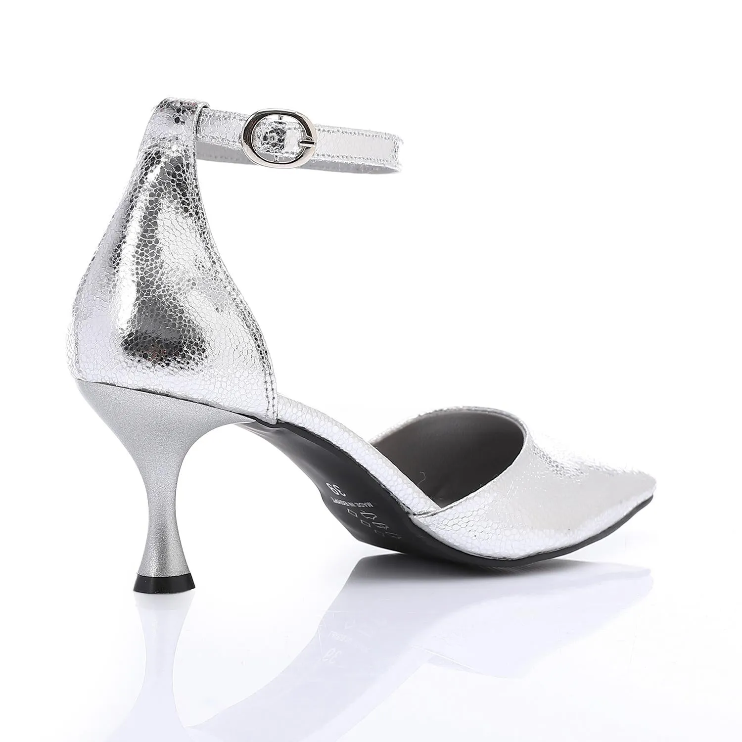 Pointed-Toe Kitten Heels with Ankle Strap - SIlver