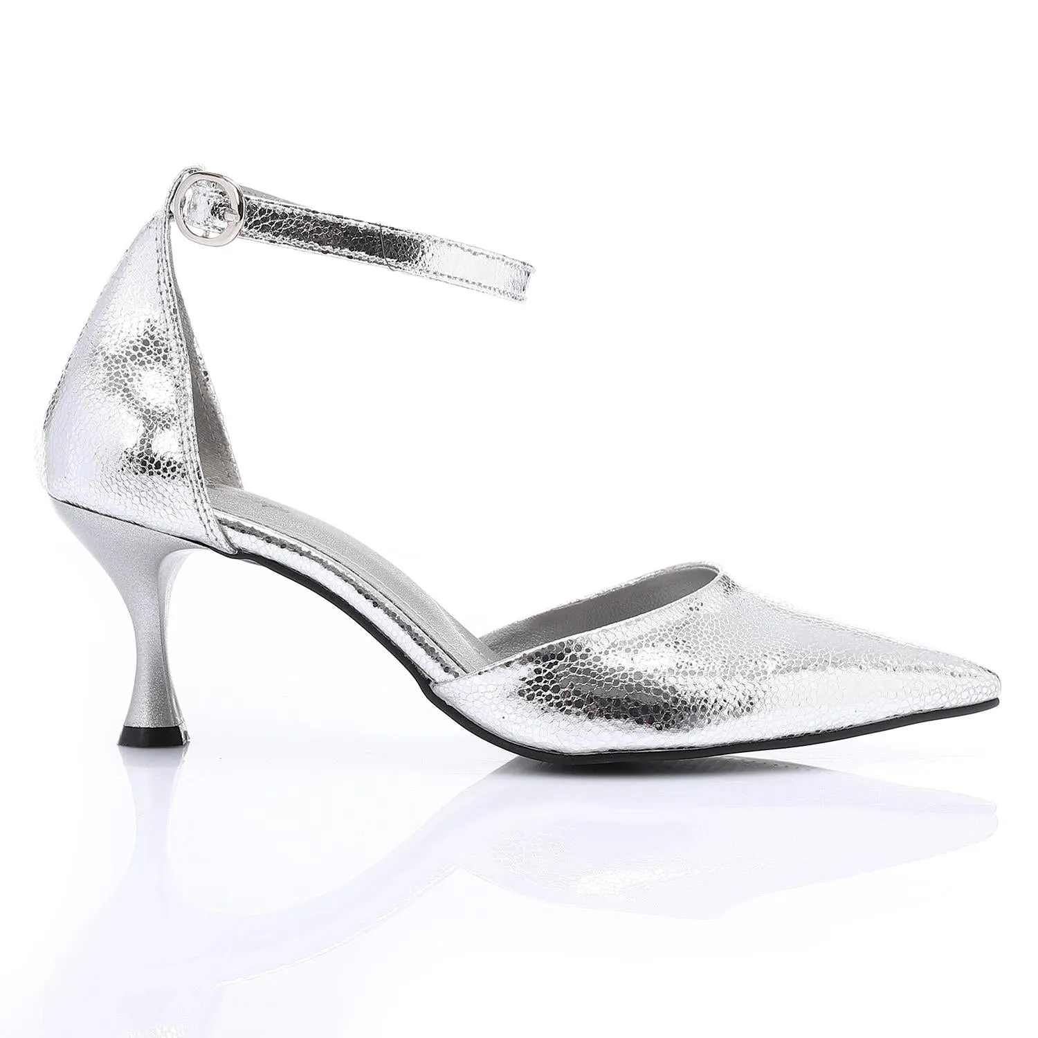 Pointed-Toe Kitten Heels with Ankle Strap - SIlver