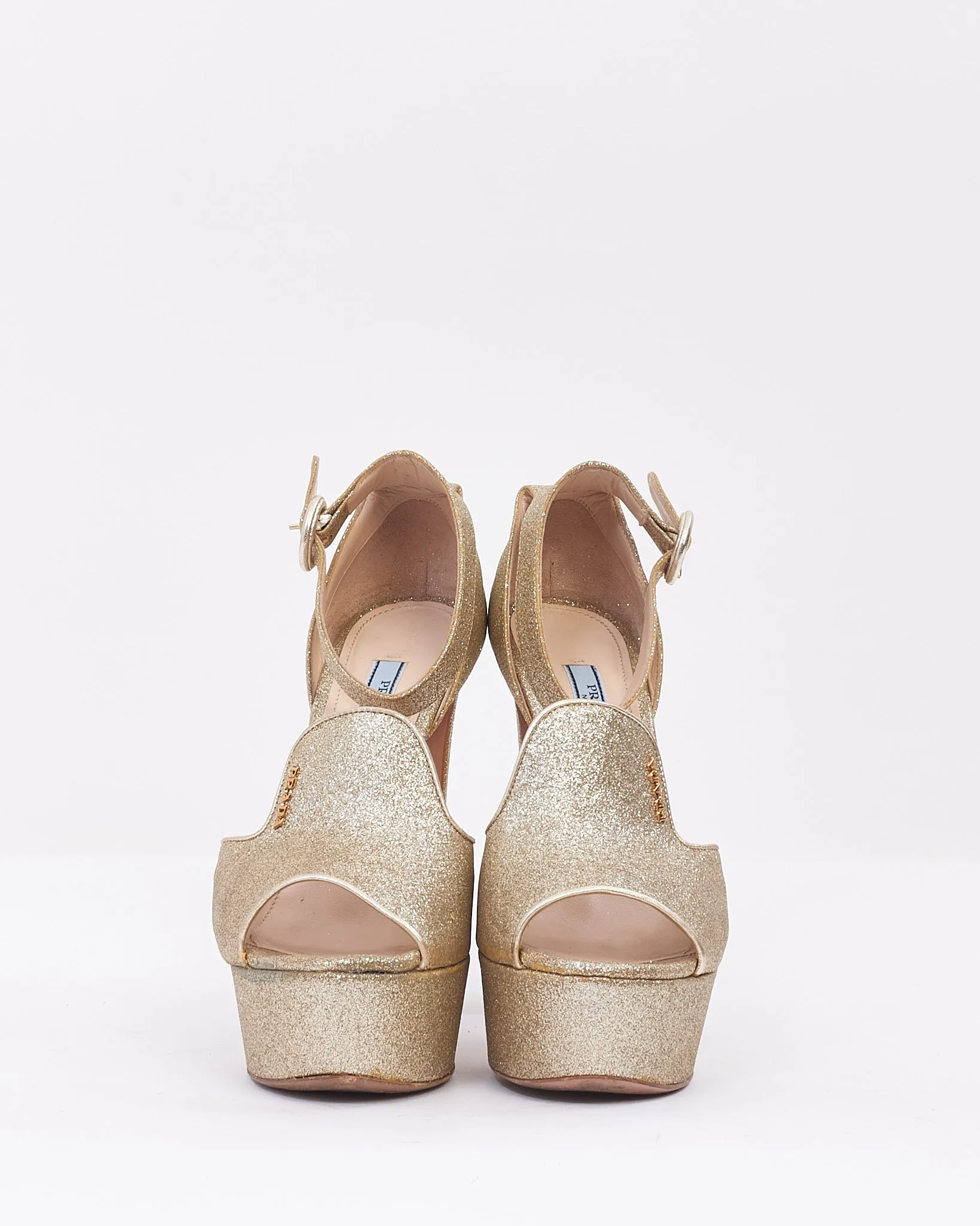 Prada Gold Glitter Platform Ankle Wrap Heels - 38