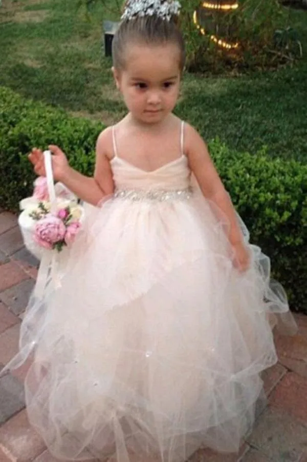 Princess Tulle Beading Spaghetti Straps Bowknot Flower Girl Dresses OHR006