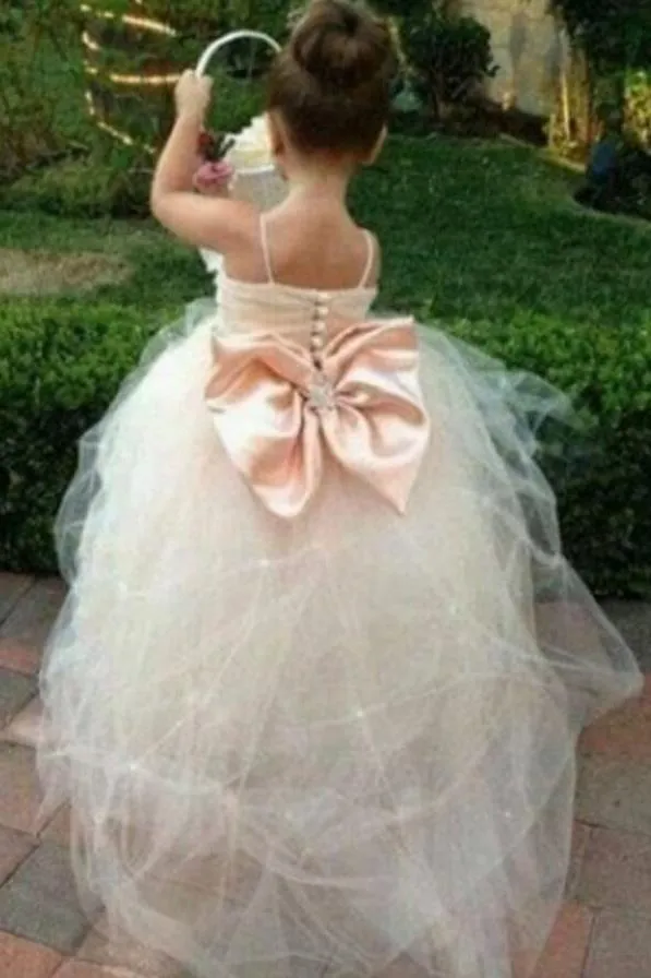 Princess Tulle Beading Spaghetti Straps Bowknot Flower Girl Dresses OHR006