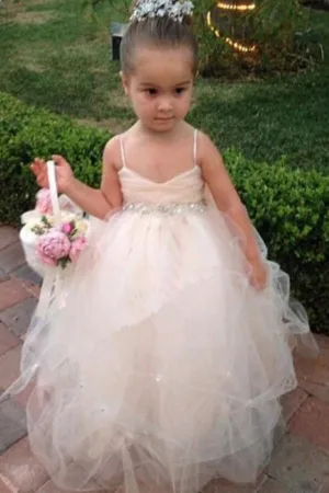 Princess Tulle Beading Spaghetti Straps Bowknot Flower Girl Dresses OHR006