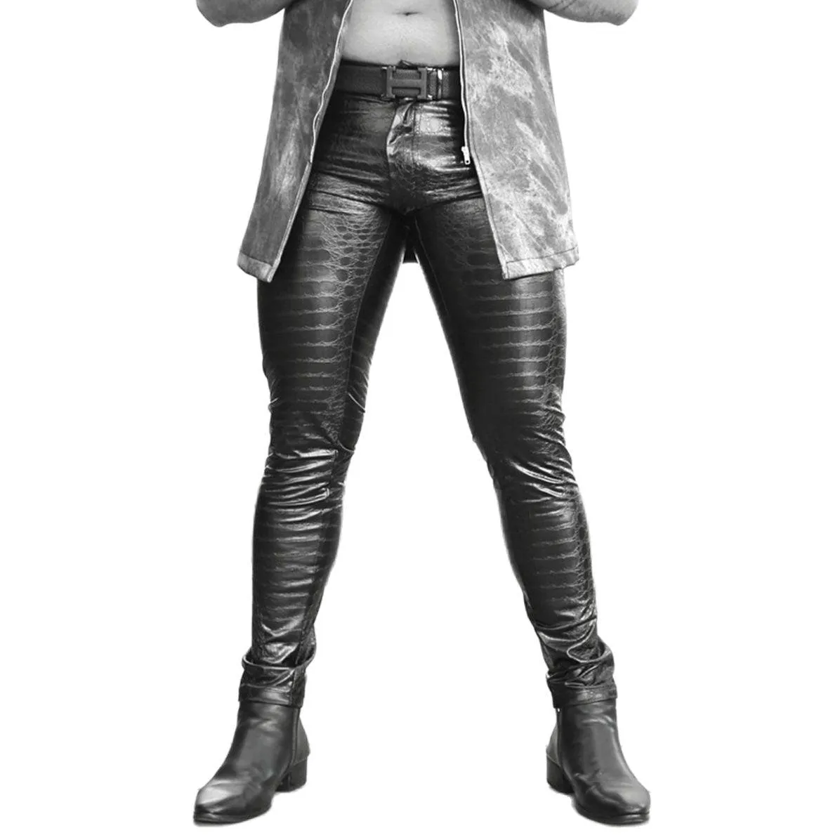 Printed Crocodile Skin Texture PU Leather Pants - Unique and Stylish Design for a Standout Look
