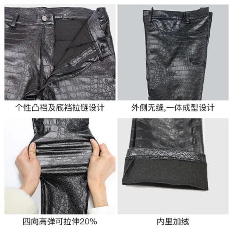 Printed Crocodile Skin Texture PU Leather Pants - Unique and Stylish Design for a Standout Look