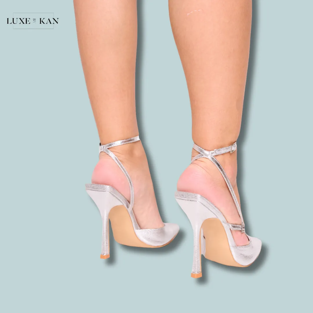 PUBLIC DESIRE IDOL CRACKED SILVER BUCKLE STRAPPY DETAIL STILETTO POINTED TO COURT HIGH HEELS
