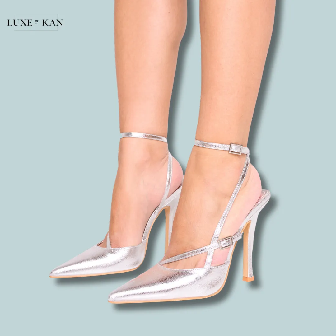 PUBLIC DESIRE IDOL CRACKED SILVER BUCKLE STRAPPY DETAIL STILETTO POINTED TO COURT HIGH HEELS