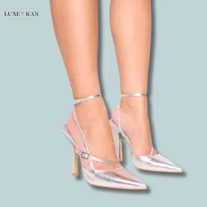 PUBLIC DESIRE IDOL CRACKED SILVER BUCKLE STRAPPY DETAIL STILETTO POINTED TO COURT HIGH HEELS