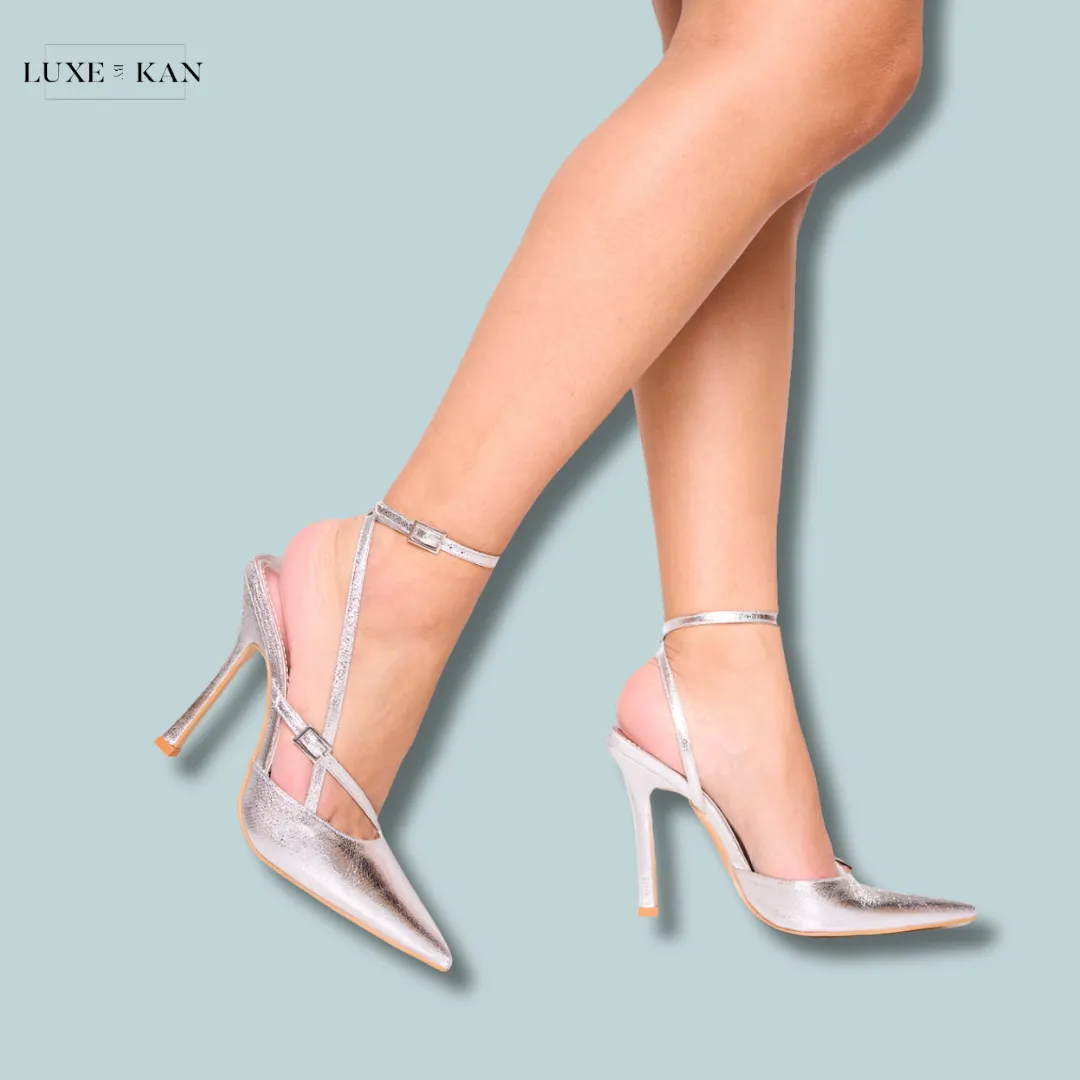 PUBLIC DESIRE IDOL CRACKED SILVER BUCKLE STRAPPY DETAIL STILETTO POINTED TO COURT HIGH HEELS
