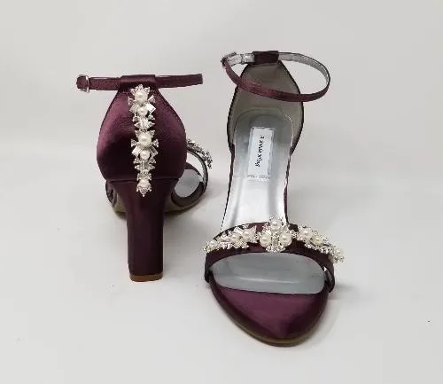 Purple Wedding Shoes with Block Heel Pearl and Crystal Design