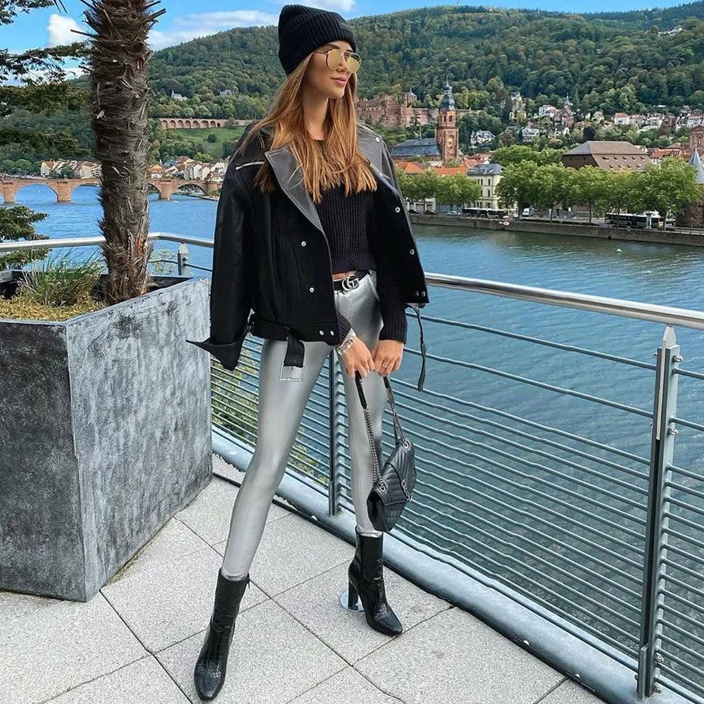 Push Up Silver Vinyl PU leather Pants