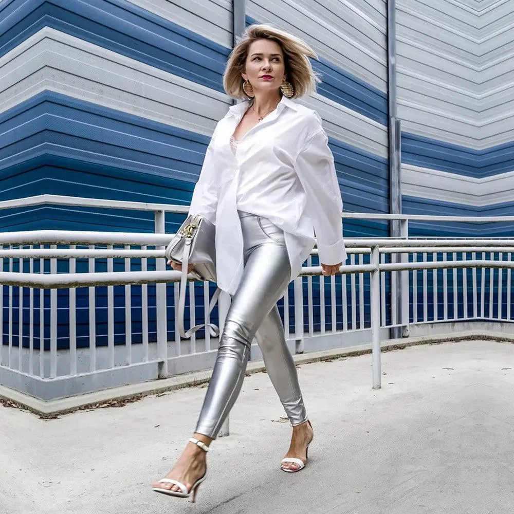 Push Up Silver Vinyl PU leather Pants