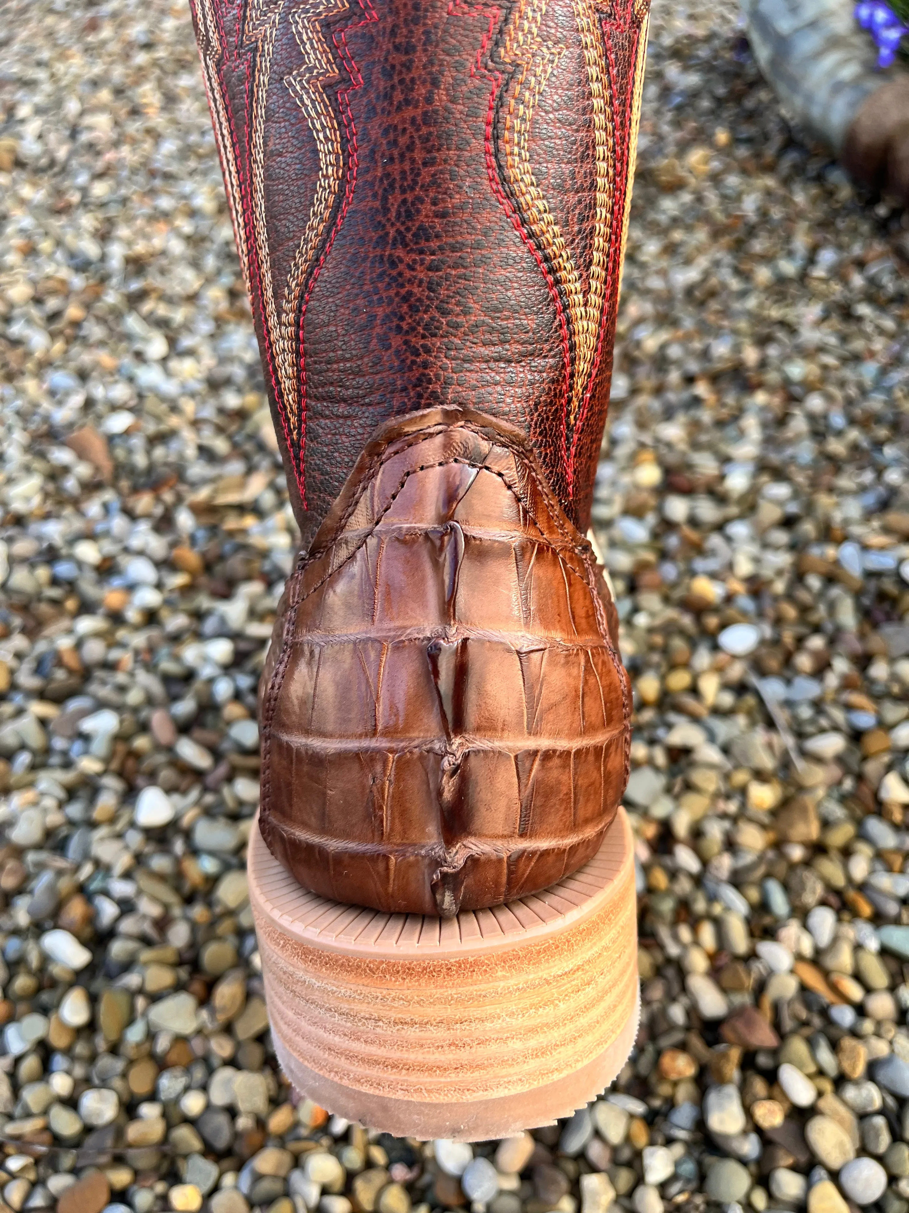R. Watson Men's Kango Tobacco Hornback Caiman Tail Wide Square Toe Western Cowboy Boots RW3011-2