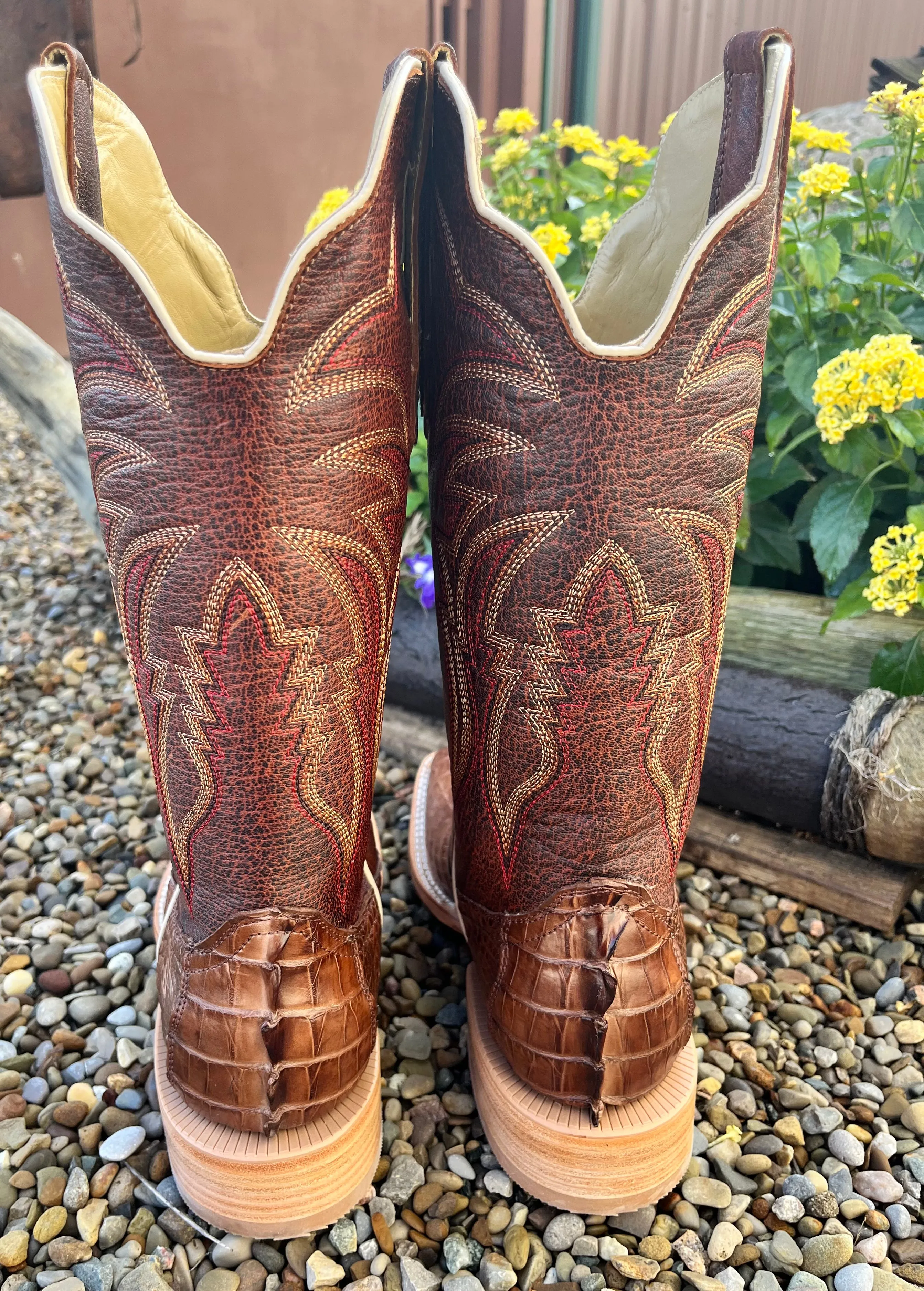 R. Watson Men's Kango Tobacco Hornback Caiman Tail Wide Square Toe Western Cowboy Boots RW3011-2