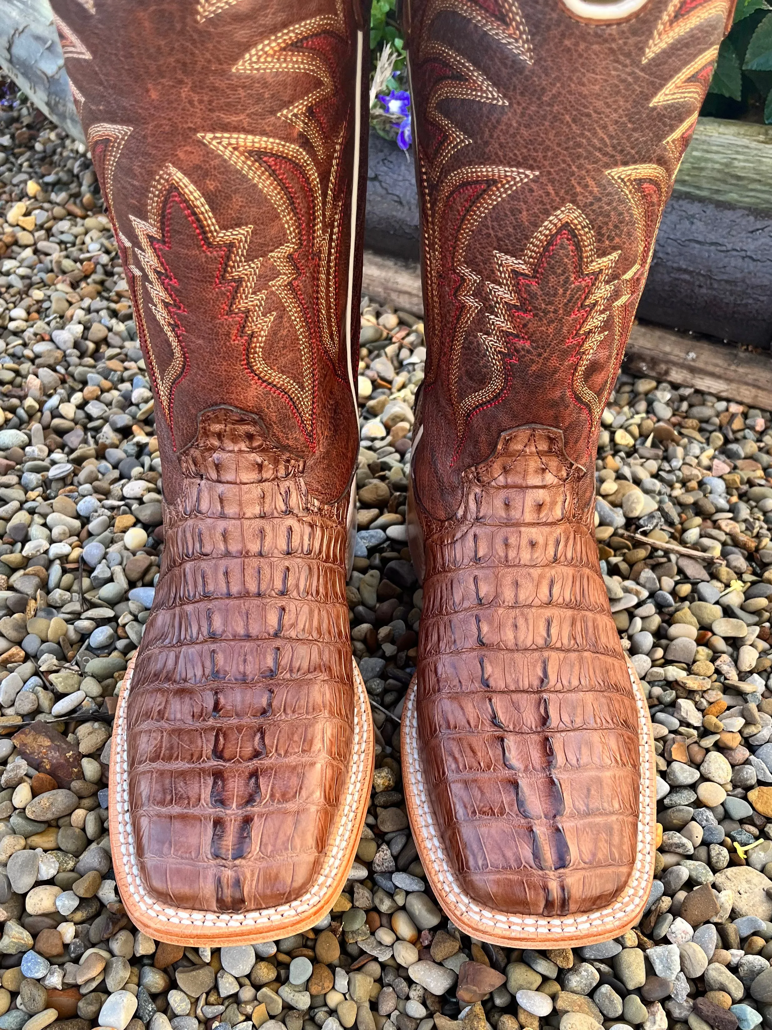 R. Watson Men's Kango Tobacco Hornback Caiman Tail Wide Square Toe Western Cowboy Boots RW3011-2