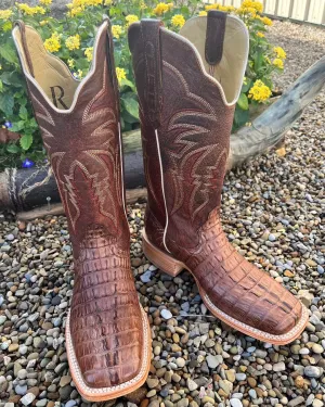 R. Watson Men's Kango Tobacco Hornback Caiman Tail Wide Square Toe Western Cowboy Boots RW3011-2