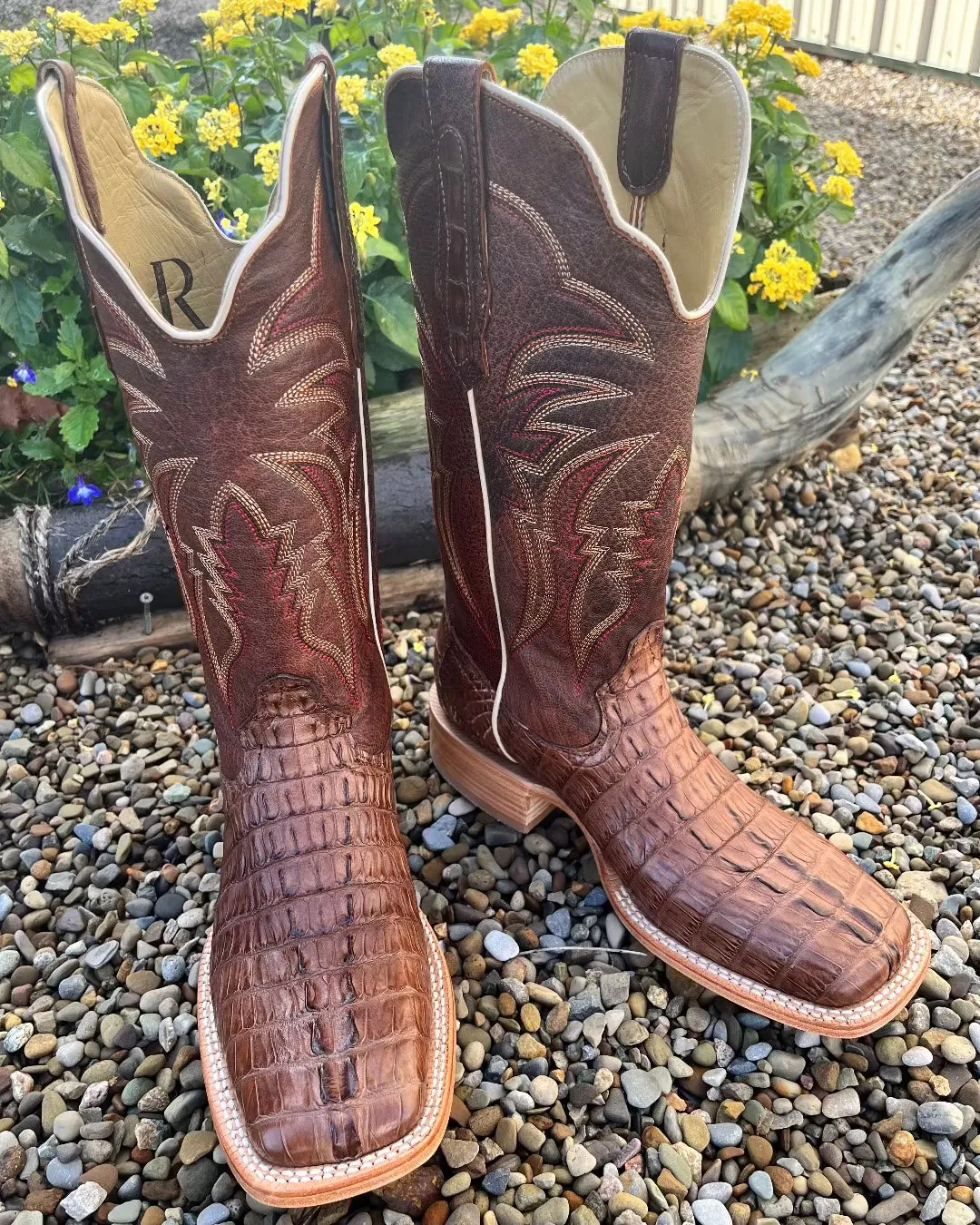 R. Watson Men's Kango Tobacco Hornback Caiman Tail Wide Square Toe Western Cowboy Boots RW3011-2