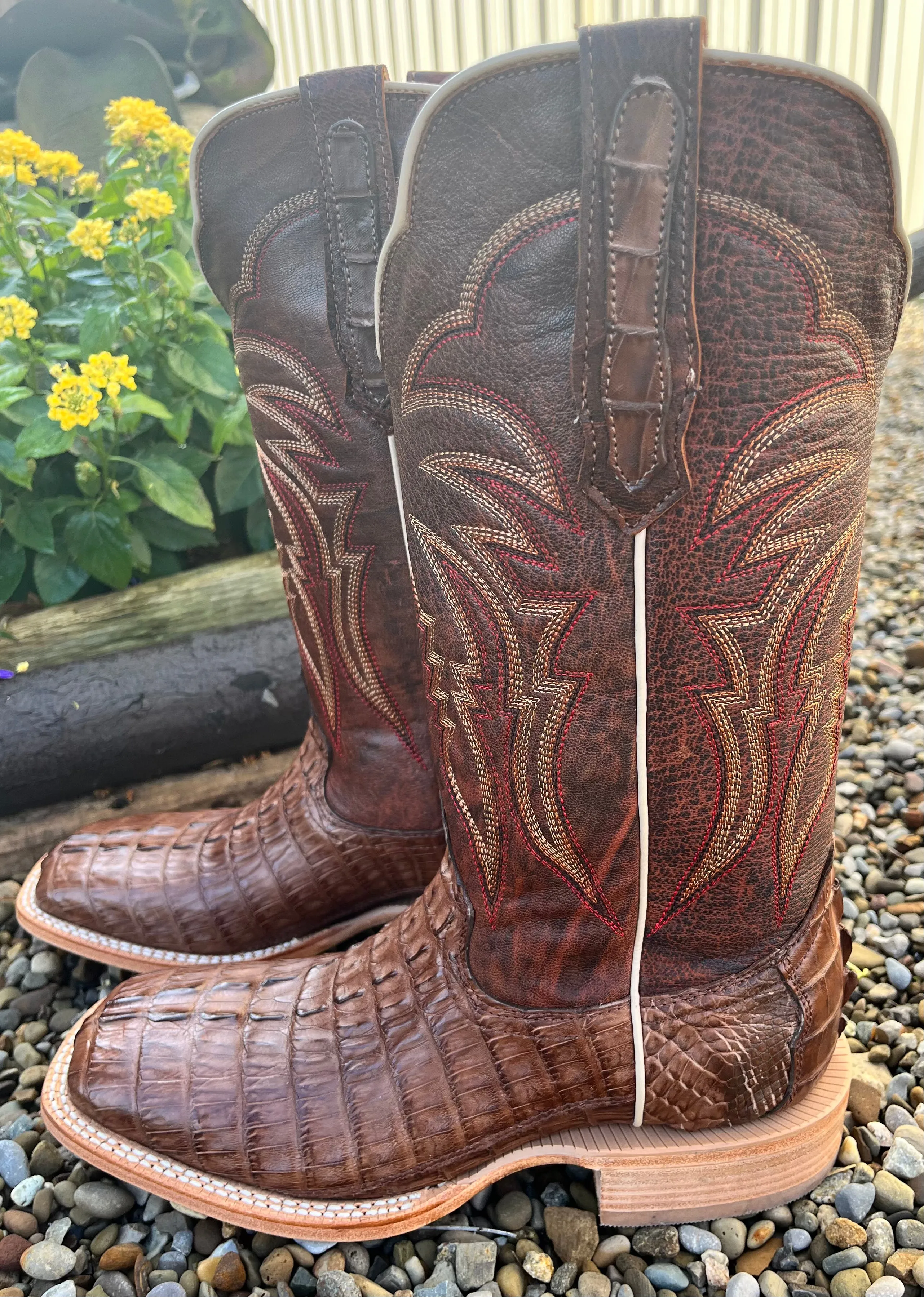 R. Watson Men's Kango Tobacco Hornback Caiman Tail Wide Square Toe Western Cowboy Boots RW3011-2