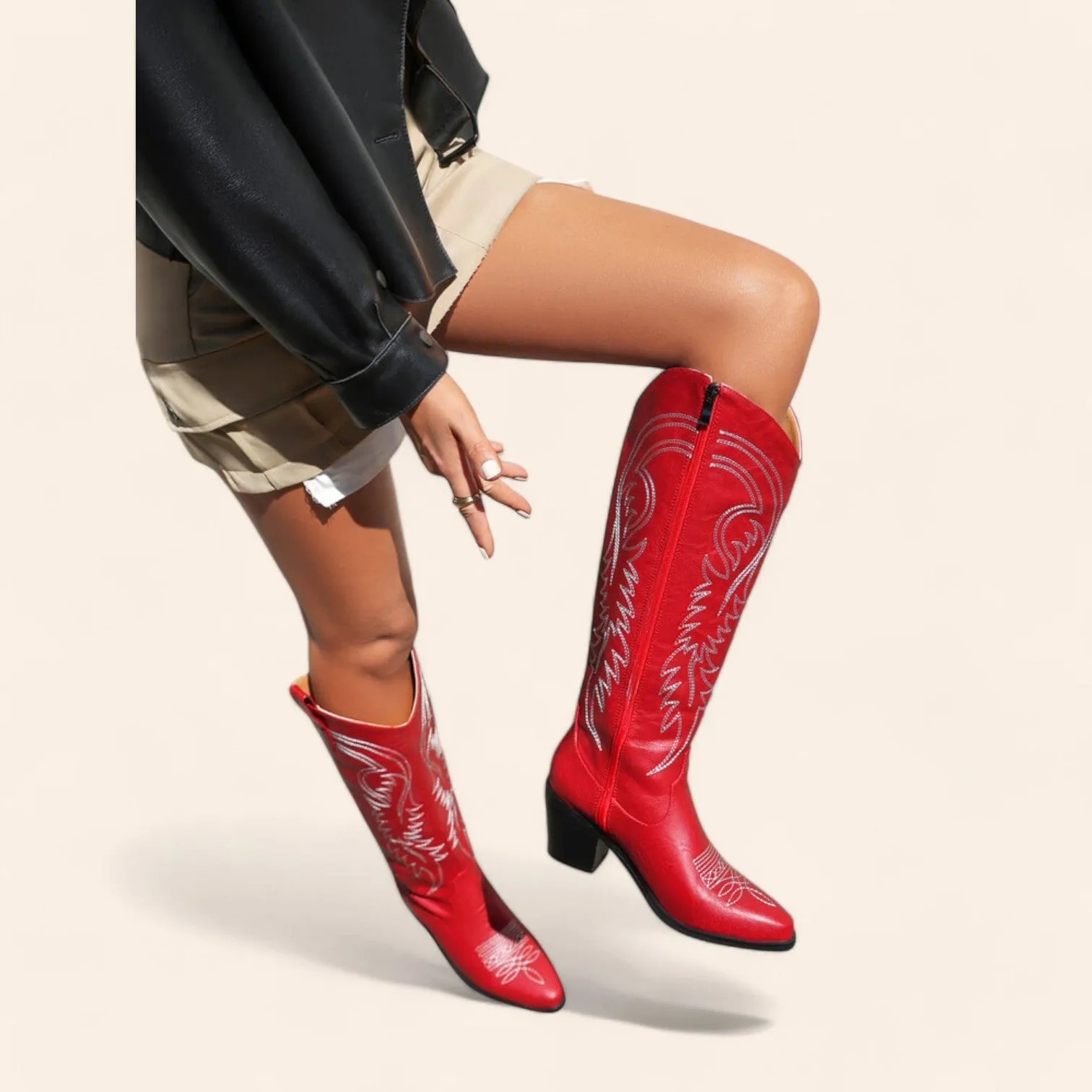 Red cowboy boots with embroidery and large zipper - N°84