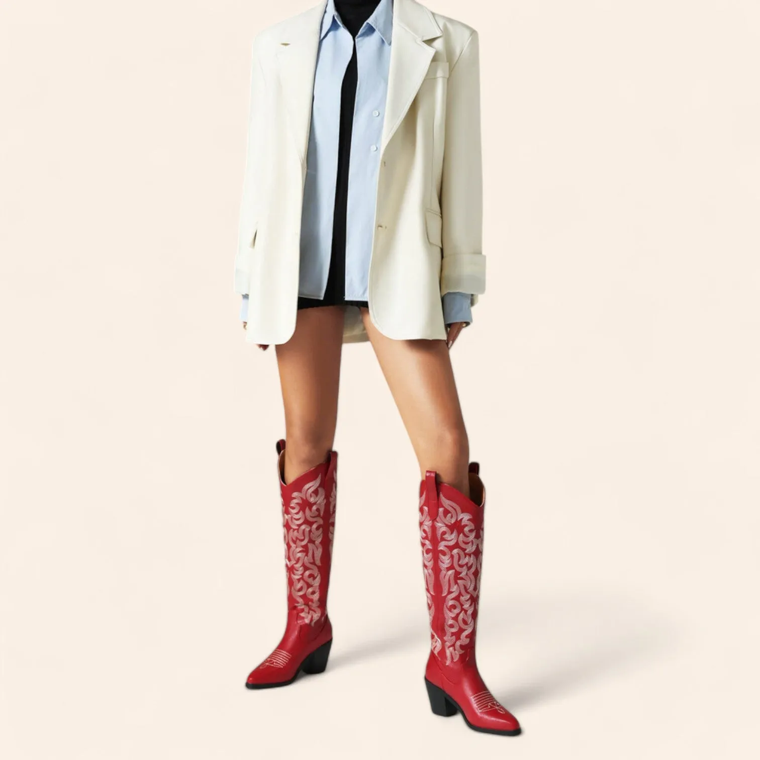 Red cowboy boots with embroidery and large zipper - N°84
