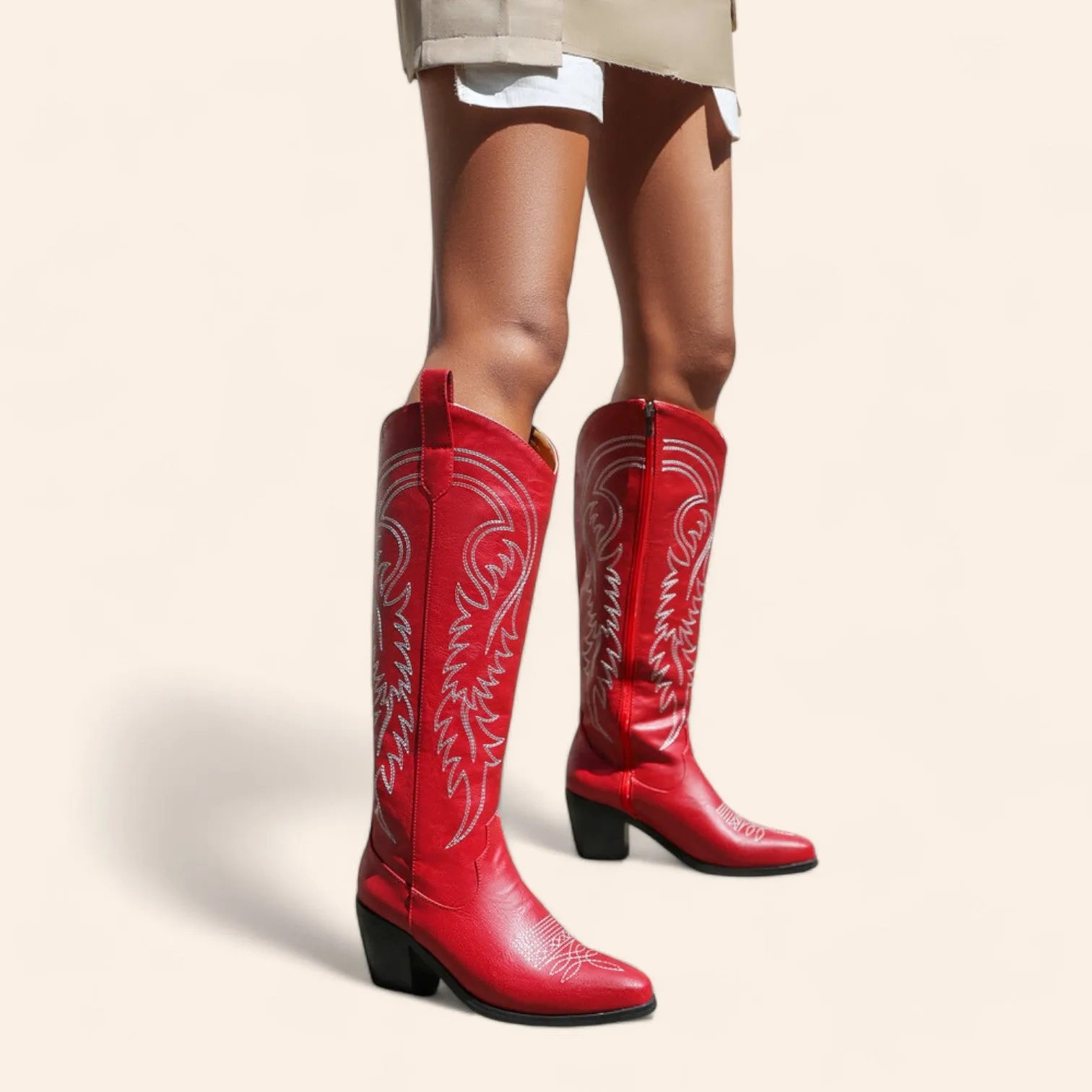 Red cowboy boots with embroidery and large zipper - N°84