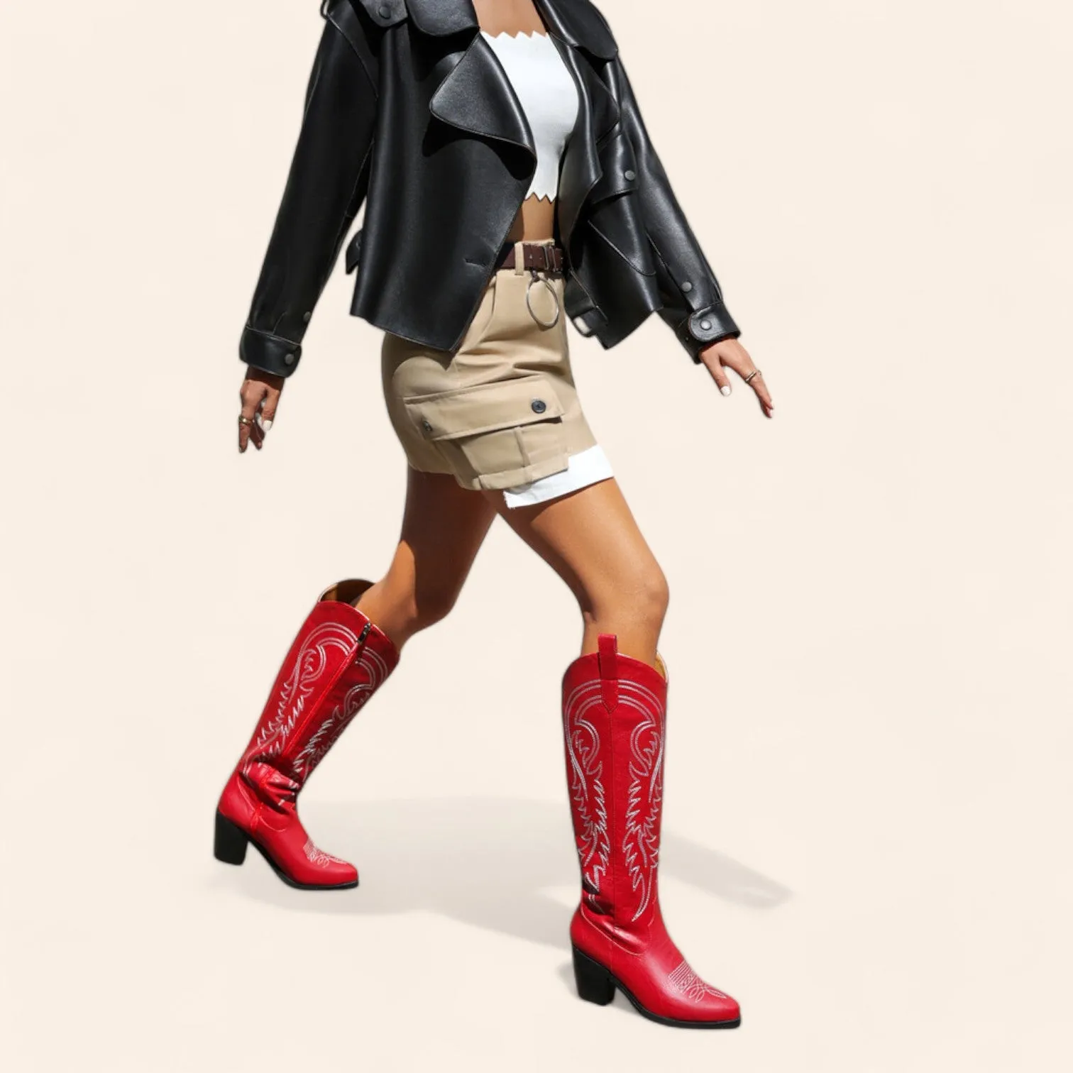 Red cowboy boots with embroidery and large zipper - N°84