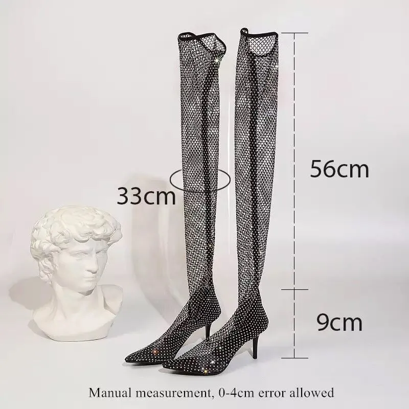 Rhinestone Fishnet Heels Boots