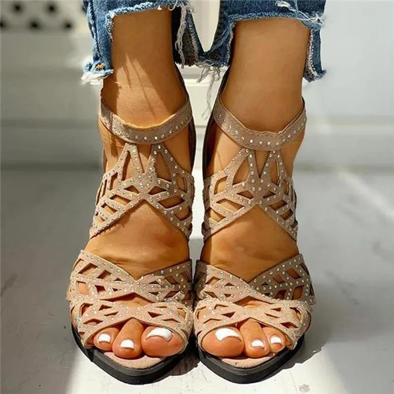 Rhinestone Hollow Out Ankle Strap Chunky Heels