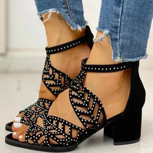 Rhinestone Hollow Out Ankle Strap Chunky Heels