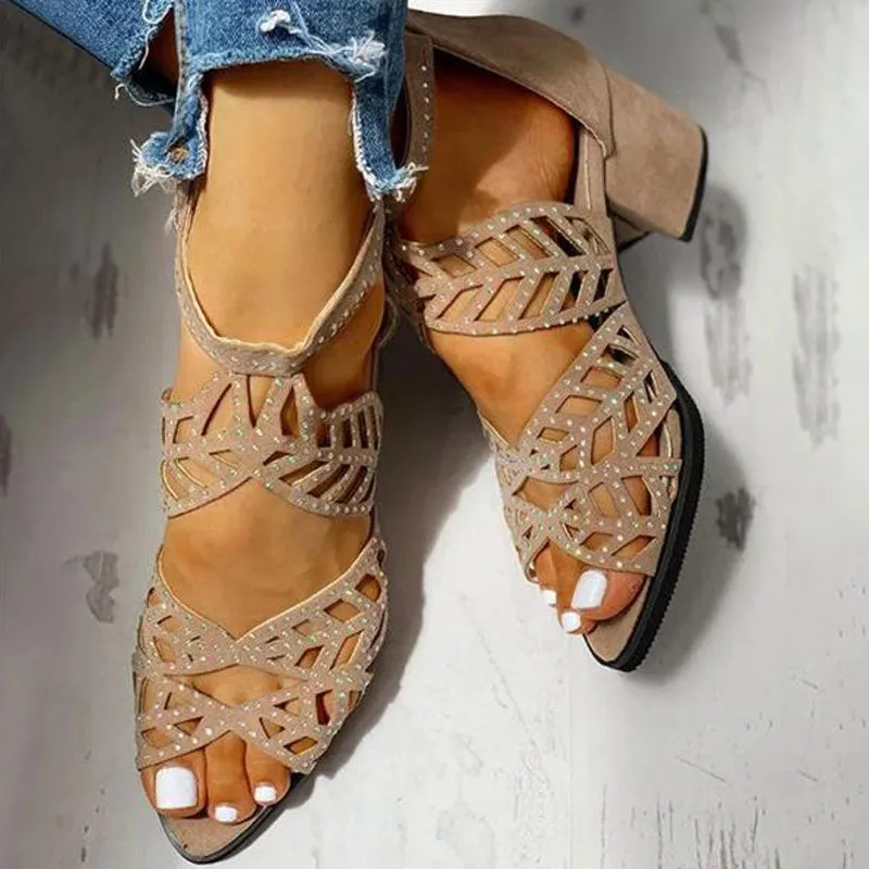Rhinestone Hollow Out Ankle Strap Chunky Heels