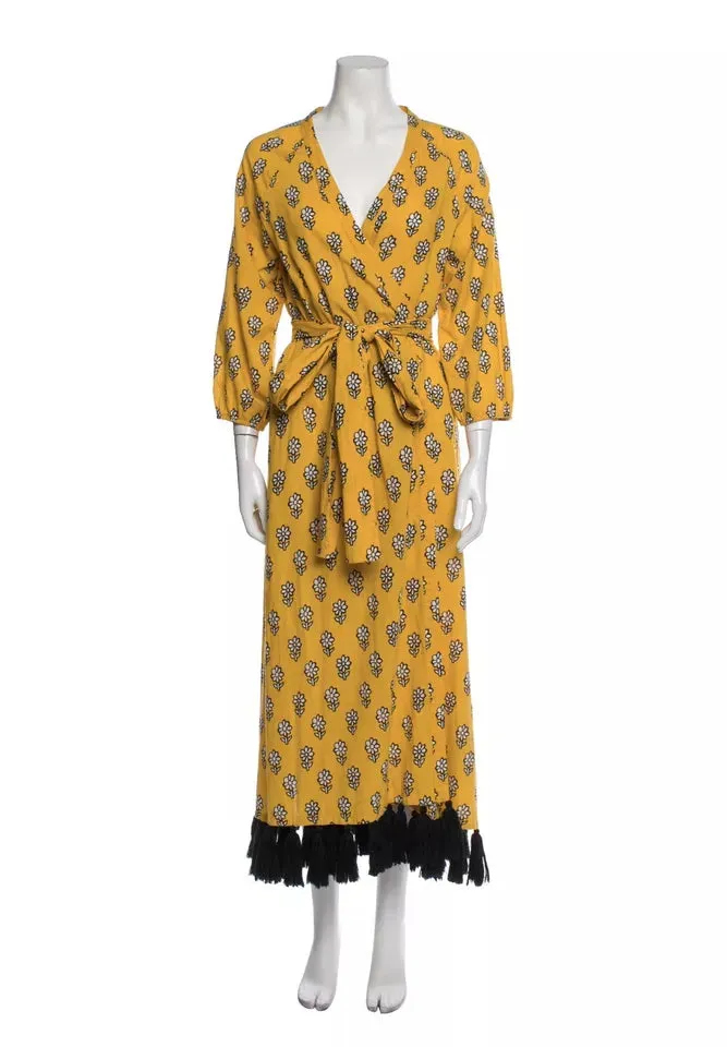 Rhode Lena Women's Yellow Black Tassel Hem Floral Block Print Wrap Midi Dress – Size S