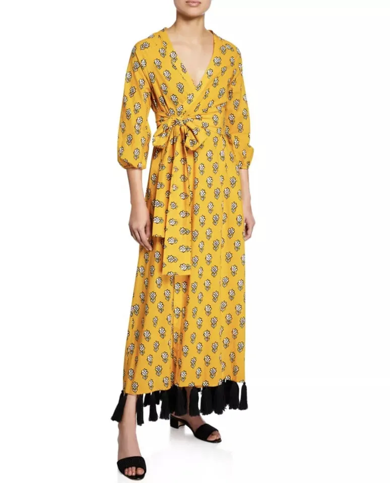 Rhode Lena Women's Yellow Black Tassel Hem Floral Block Print Wrap Midi Dress – Size S
