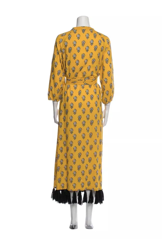 Rhode Lena Women's Yellow Black Tassel Hem Floral Block Print Wrap Midi Dress – Size S