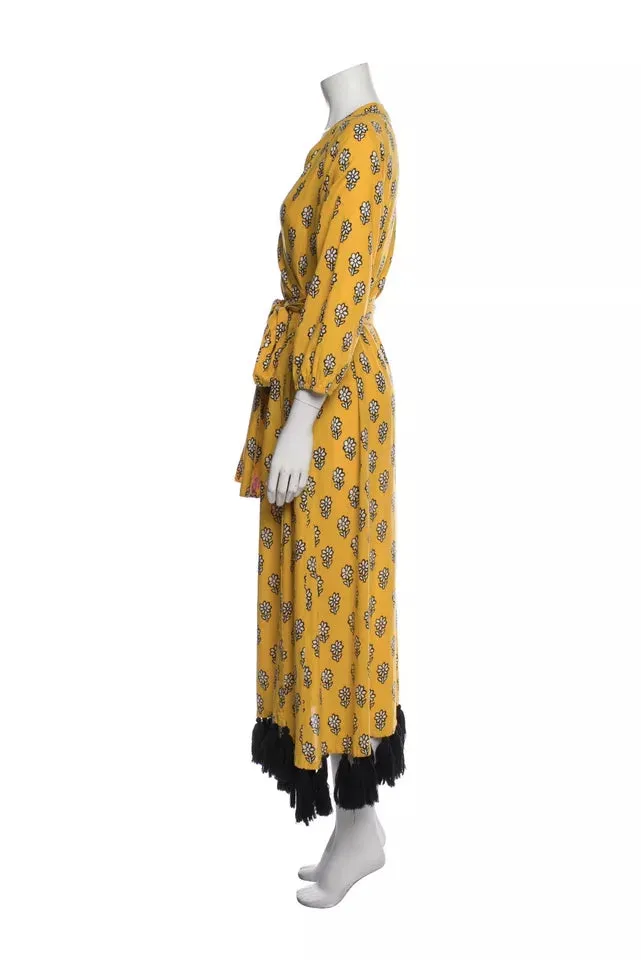 Rhode Lena Women's Yellow Black Tassel Hem Floral Block Print Wrap Midi Dress – Size S