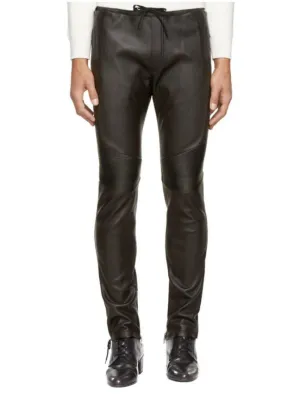 Ribbed Panel Black Genuine Leather Pants for Men