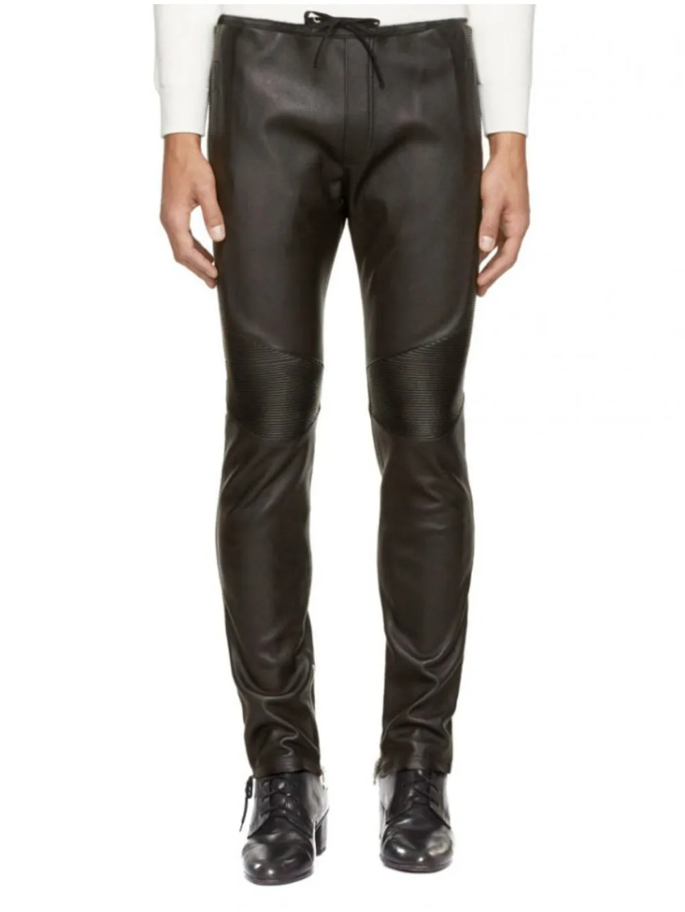 Ribbed Panel Black Genuine Leather Pants for Men