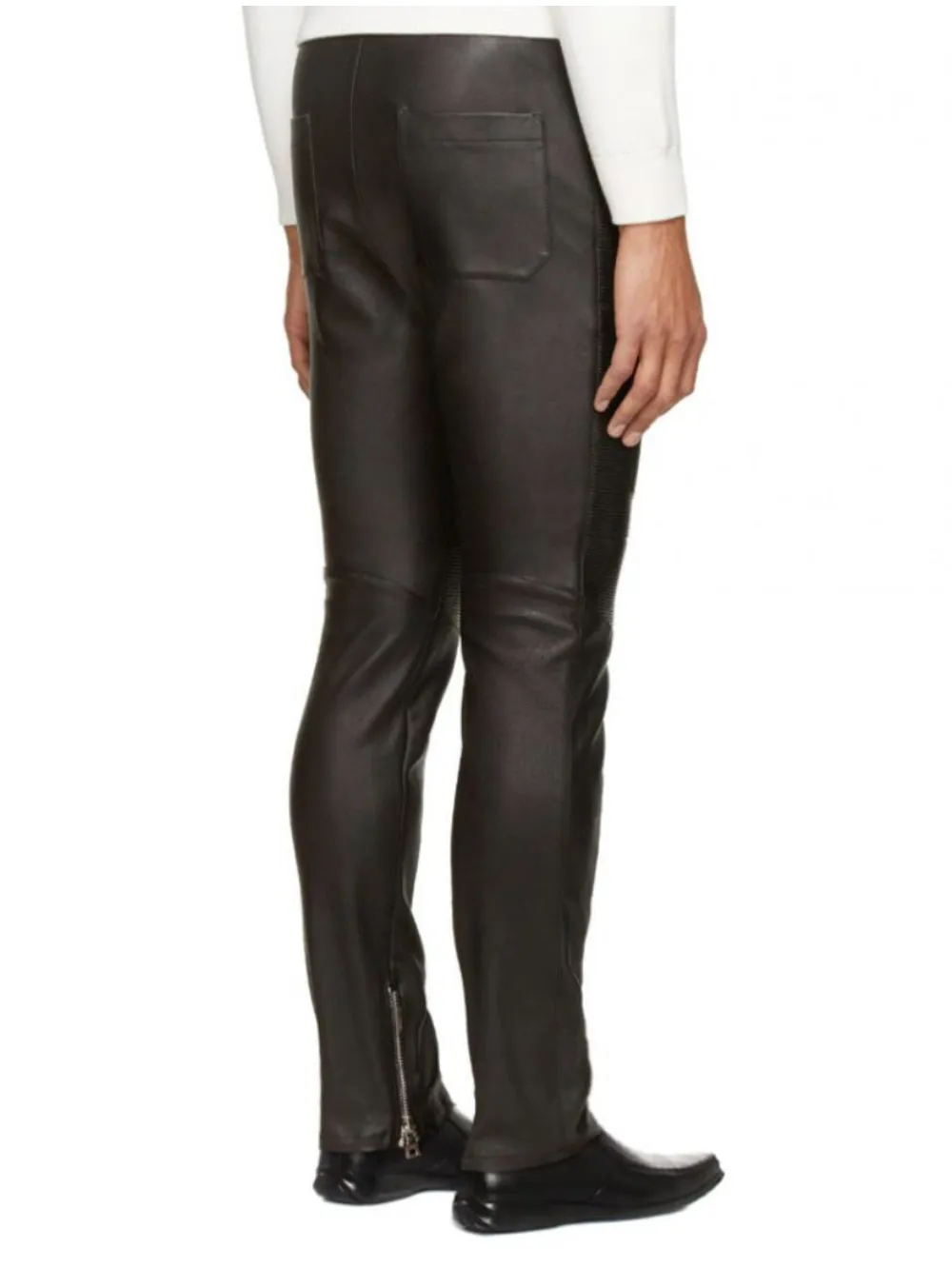 Ribbed Panel Black Genuine Leather Pants for Men