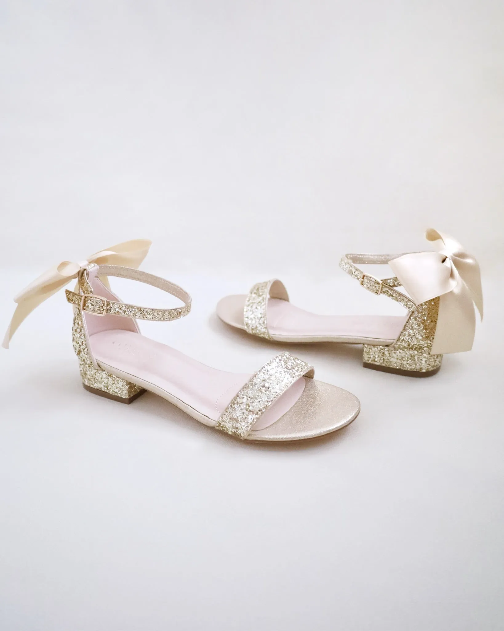 Rock Glitter Low Block Heel Wedding Sandals with Back Satin Bow