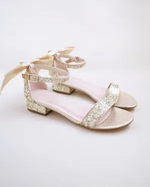 Rock Glitter Low Block Heel Wedding Sandals with Back Satin Bow