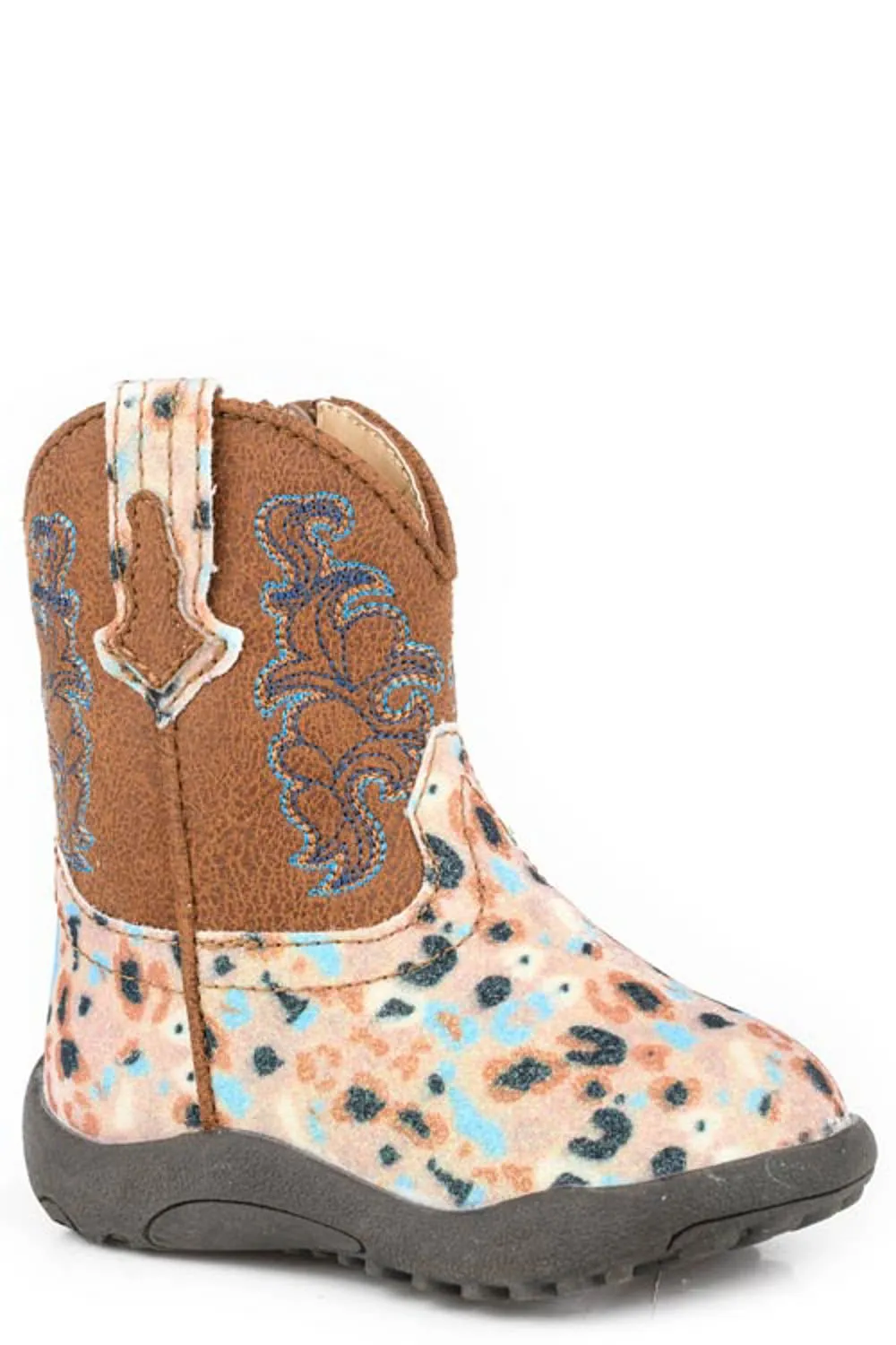 Roper Infant Unisex Cowbabies Glitter Blossom Brown Faux Leather Cowboy Boots