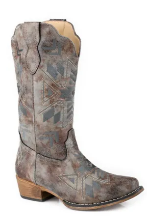 Roper Womens Riley Aztec Vintage Grey Faux Leather 12in Cowboy Boots