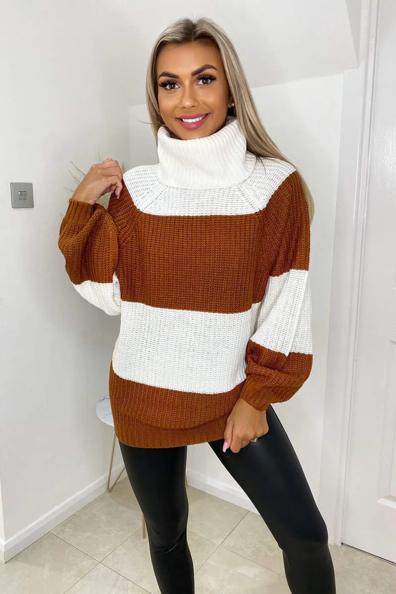 Rust And Cream Block Colour Knitted Jumper