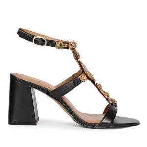 Saint Elettra Multi Stone Embellished Black Leather Block Heels