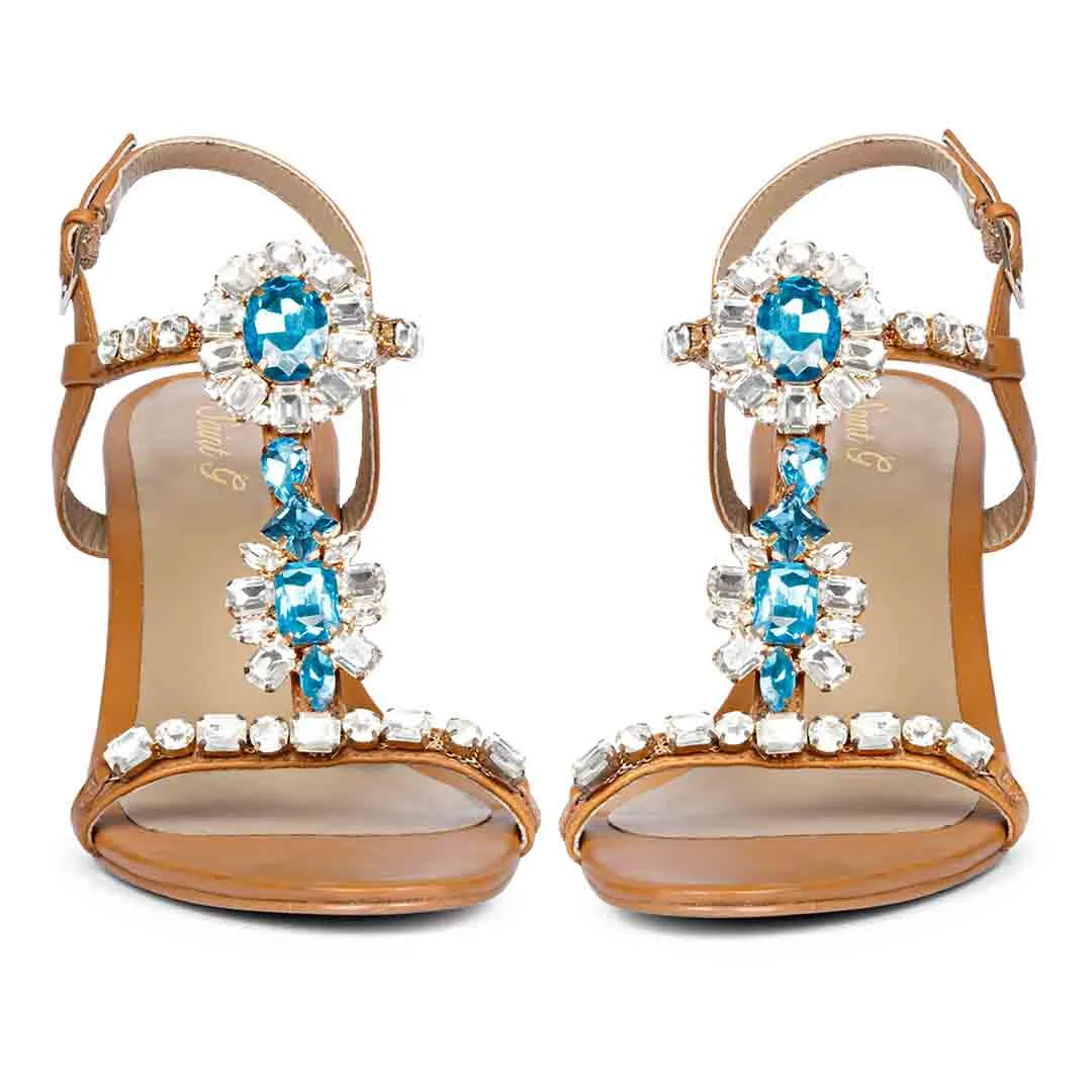 Saint Lucia Transparent & Blue Stone Embellished Cuoio Leather Block Heels