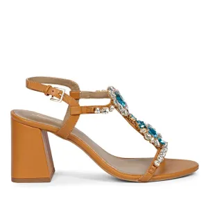 Saint Lucia Transparent & Blue Stone Embellished Cuoio Leather Block Heels