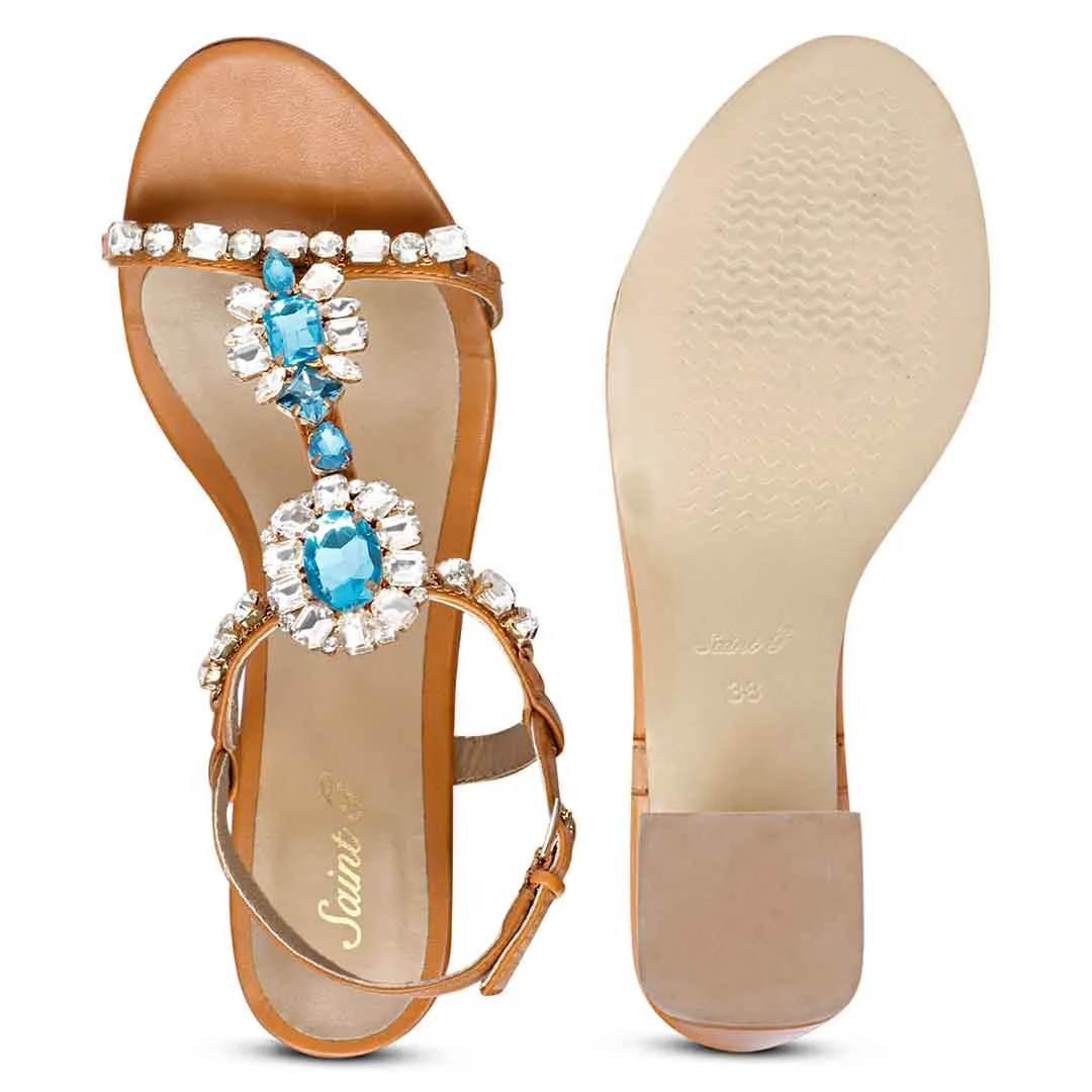Saint Lucia Transparent & Blue Stone Embellished Cuoio Leather Block Heels