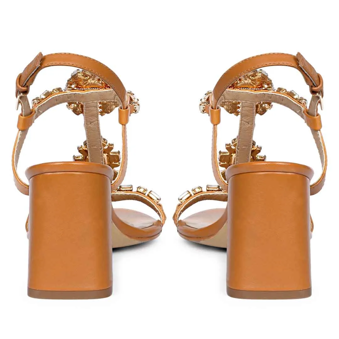 Saint Lucia Transparent & Blue Stone Embellished Cuoio Leather Block Heels