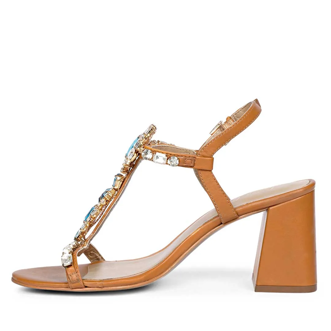 Saint Lucia Transparent & Blue Stone Embellished Cuoio Leather Block Heels