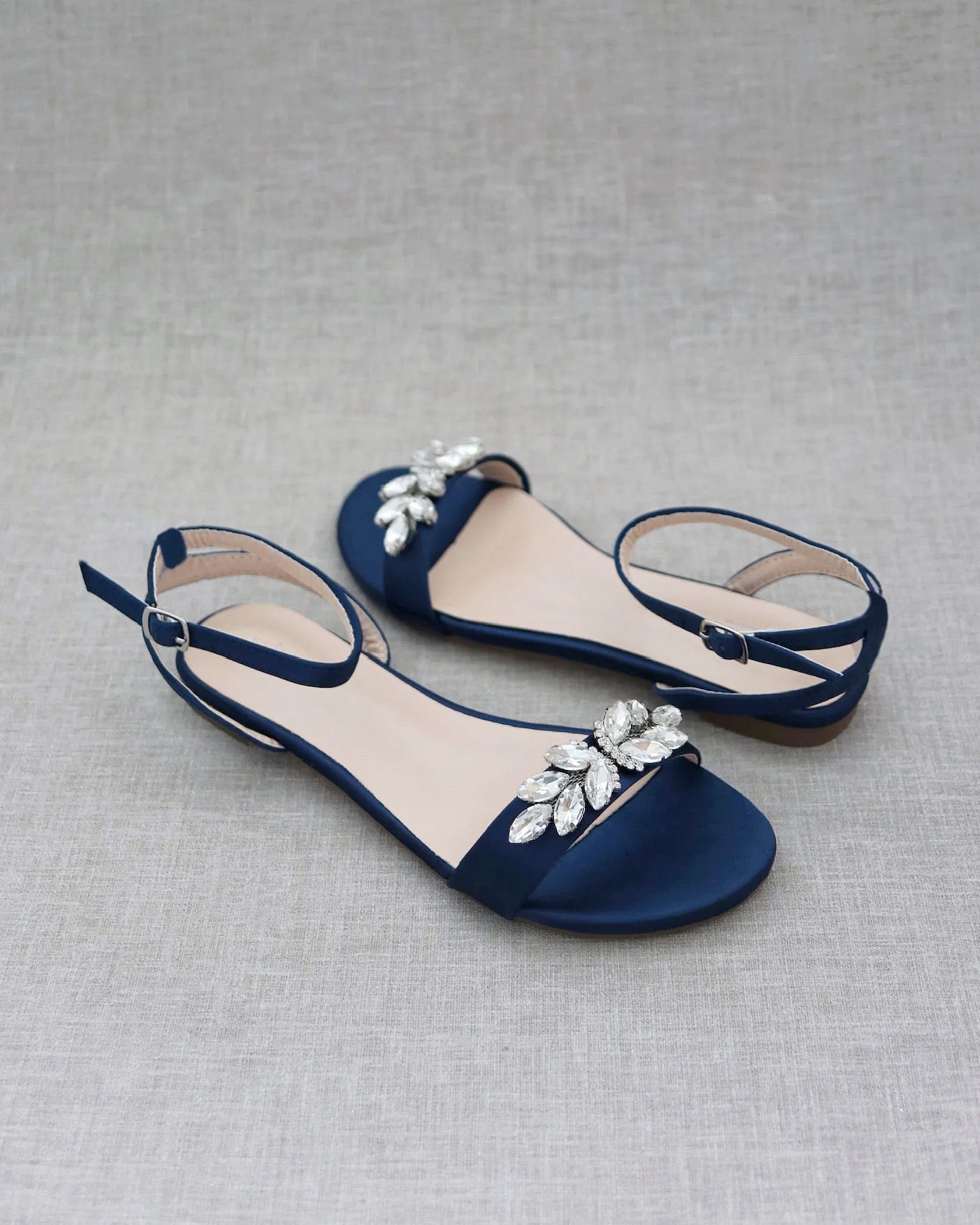 Satin Flat Sandal with Butterfly Brooch and Ankle Strap