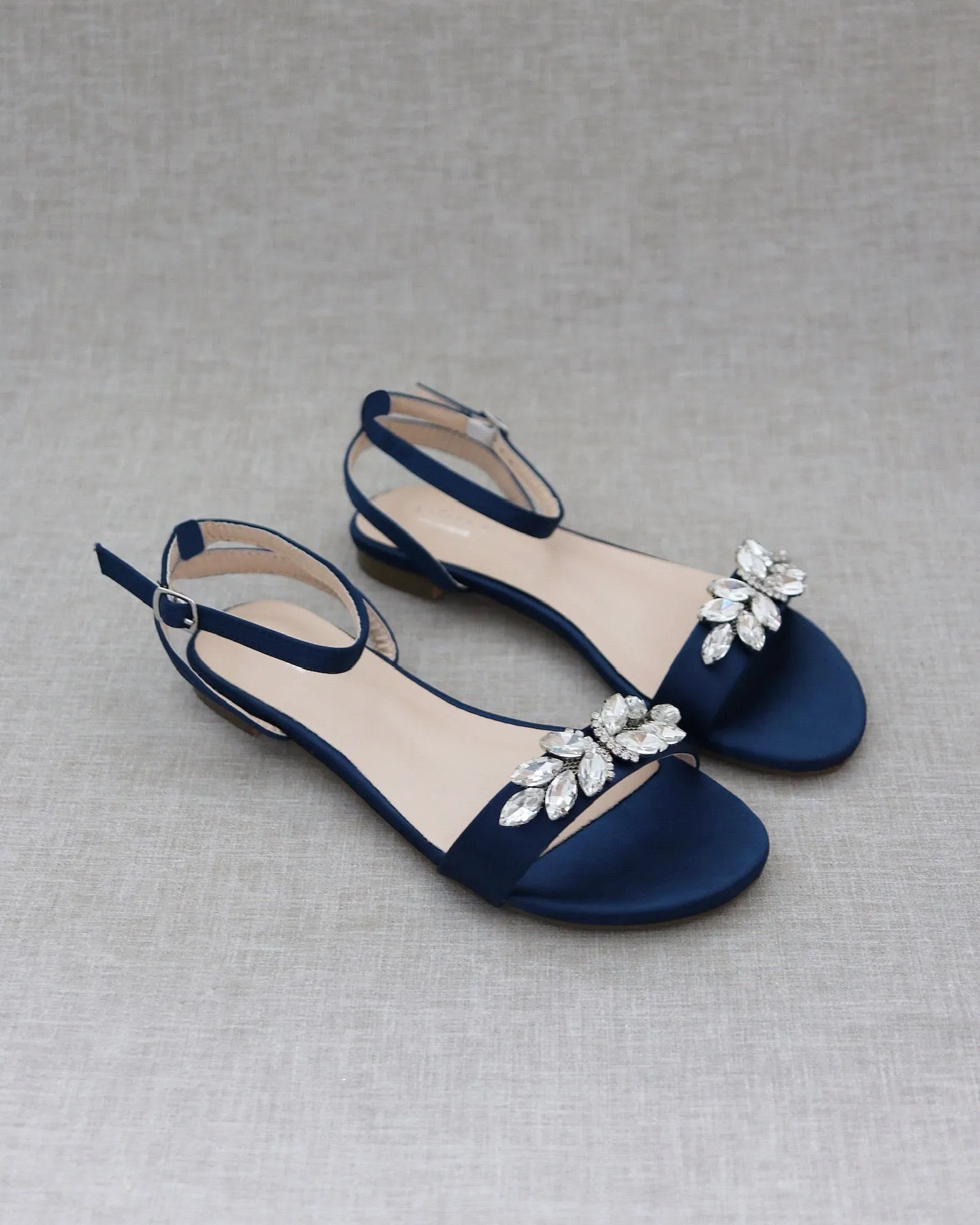 Satin Flat Sandal with Butterfly Brooch and Ankle Strap