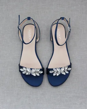 Satin Flat Sandal with Butterfly Brooch and Ankle Strap